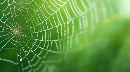 Delicate Spiderweb on Grass Blade - Close-up of Intricate Web Pattern on Soft Green Background