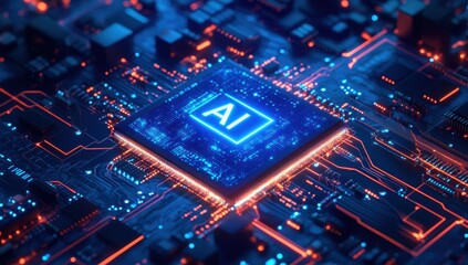 Poster - Futuristic Microchip with Blue Glowing AI Text Surrounded by Complex Circuitry and Neon Lights Representing Advanced Technology Concept