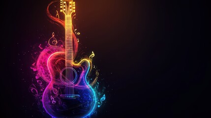 Wall Mural - Vibrant Neon Guitar with Musical Notes and Abstract Colorful Flames Design