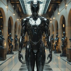 Poster - Liquid metal robot stands in a futuristic hall slowly morphing into various humanlike forms from simple silhouettes to highly detailed figures reflecting the evolution of robotics and AI design