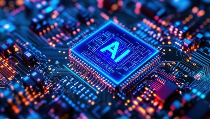 Poster - Futuristic microchip with glowing AI symbol on a vibrant circuit board showcasing advanced technology and innovation in artificial intelligence