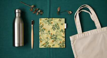 Poster - things from natural materials brush, scarf, bottle, bag, eco concept . Generative AI