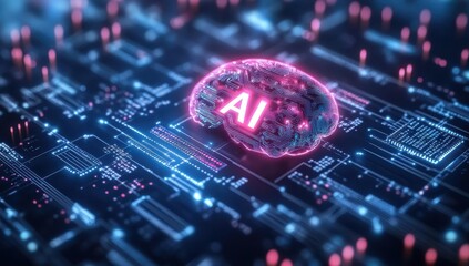 Poster - Futuristic Representation of Artificial Intelligence Concept with Brain and Circuitry in Neon Colors on a Digital Background
