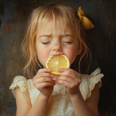 Poster - Little girl with rosy cheeks holds a broken lemon slice frowning at the sour taste Her closed eyes and pursed lips capture a lively amusing moment with childlike charm