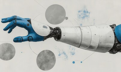 Poster - Futuristic Robotic Arm Reaching Out with Blue Accents and Abstract Background for Technology and Innovation Themes