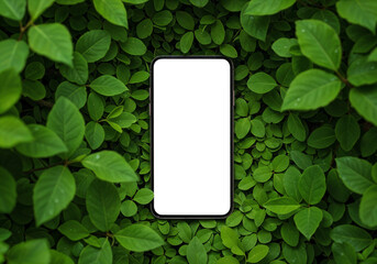 Poster - eco style mobile phone mockup with leaves, eco concept . Generative AI