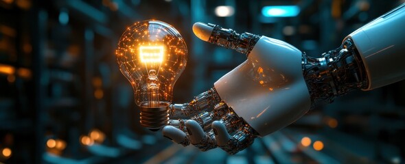Poster - Futuristic robotic hand holding glowing light bulb representing innovation, technology, artificial intelligence, and creative solutions in modern design