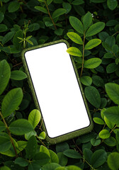 Poster - eco style mobile phone mockup with leaves, eco concept . Generative AI