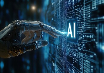Poster - Futuristic robotic hand reaching out to activate artificial intelligence interface on circuit board, representing technology and innovation in digital realm