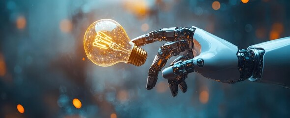 Poster - Futuristic robotic hand reaching out to grasp an illuminated light bulb symbolizing innovation and technology in a modern, digital world