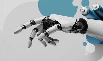 Poster - Futuristic Robotic Hand Touching Digital Space with Abstract Blue Background and Elements of Technology and Innovation in Modern Design