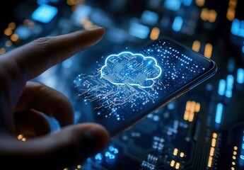 Aufkleber - Futuristic smartphone interface showcasing digital cloud storage concept with glowing circuitry against a tech-inspired background
