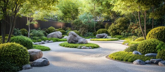 Poster - Tranquil Japanese garden landscape featuring curved pathways, lush green shrubs, and moss-covered rocks illuminated by soft natural light.