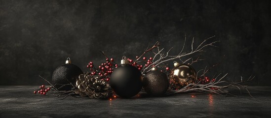 Aufkleber - Elegant arrangement of black and gold Christmas ornaments with twigs and red berries on a dark textured surface showcasing festive charm and contrast