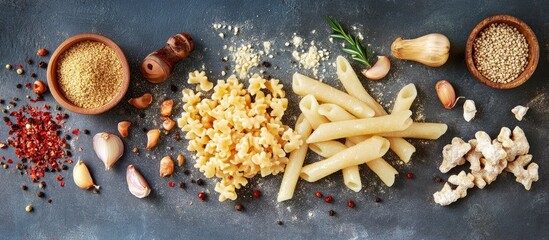 Poster - Vibrant flat lay featuring various pastas including pici and ingredients like garlic and nuts arranged artfully against a gray backdrop.