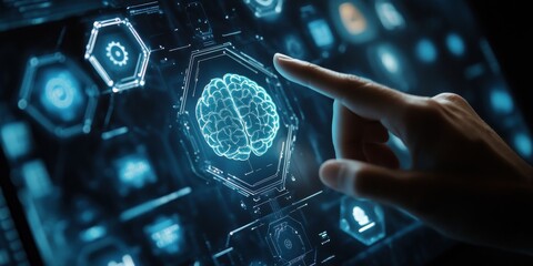Poster - Futuristic Technology Interface with Human Hand Interacting with Digital Brain Design on Touchscreen Panel in Dark Environment