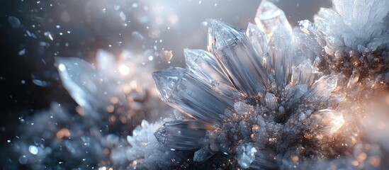 Fototapete - Abstract crystal texture background with sharp ice-like blue and white crystals shimmering against a soft blurred warm backdrop creating depth.