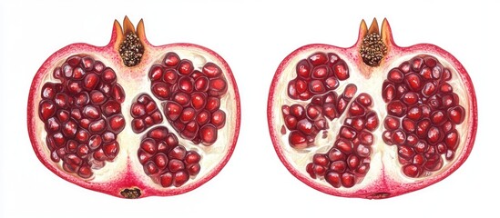 Poster - Vibrant red pomegranate cut in half revealing juicy seeds on clean white background showcasing its freshness and beauty in detailed view