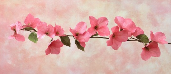 Wall Mural - Delicate pink bougainvillea flowers on a slender branch against a soft pastel background with hints of peach and cream tones.