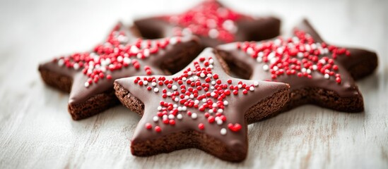 Poster - Chocolate star-shaped cookies adorned with red and white sprinkles on a rustic wooden background, perfect for festive celebrations and bakery displays.