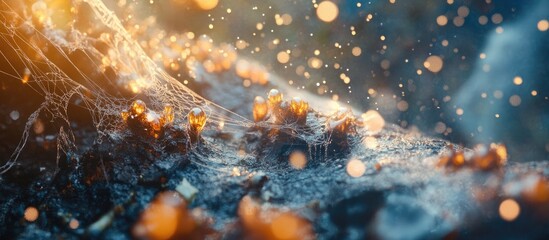 Aufkleber - Macro shot focusing on a dew-laden spiderweb with warm golden bokeh in the background, highlighting intricate textures and natural beauty.