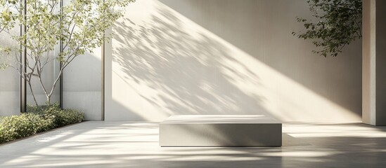 Poster - Modern minimalist square pedestal emphasizing innovation and simplicity in bright, open space with soft shadows and greenery in the background.