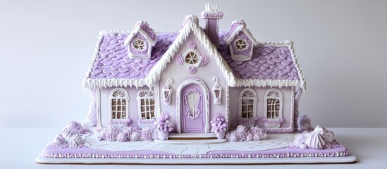 Poster - Charming light purple and white gingerbread house front view with whimsical design and festive details against a plain background, delightful holiday appeal