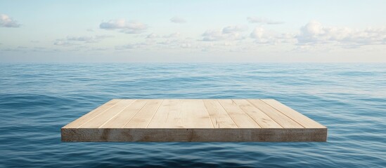 Fototapete - Wooden board floating above tranquil blue sea against a clear sky with soft clouds, ideal for showcasing product displays or messages.