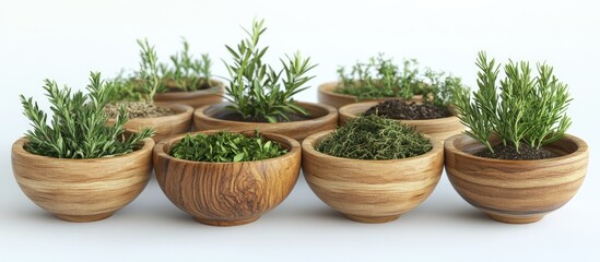 Poster - Aromatic herbs in wooden bowls featuring fresh rosemary and assorted spices set against a light background for culinary inspiration and flavor enhancement