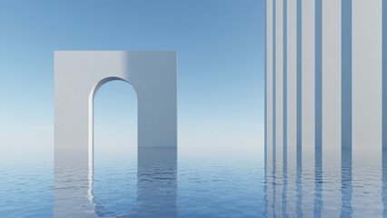Fototapete - 3d illustration of abstract minimal architecture background, geometric architectural with glass or arch design on water surface