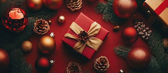 Aufkleber - Vibrant holiday flat lay featuring a red gift box with a gold ribbon surrounded by shiny ornaments pine cones and festive decorations on a dark background
