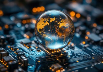 Aufkleber - Glass sphere with a world map design resting on a circuit board filled with glowing elements showcasing technology and globalization themes