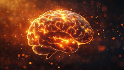 Poster - Glowing Abstract Representation of a Human Brain with Sparkling Particles Against a Dark Background for Creative Concepts and Mind Exploration