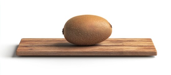 Poster - Mature brown kiwi fruit centered on a wooden cutting board against a bright white background viewed from a top-down perspective.