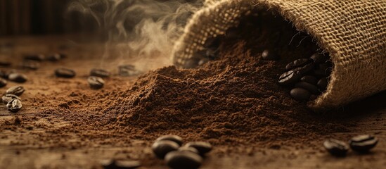 Aufkleber - Ground coffee beans spilling from burlap sack on wooden table, warm brown tones with rich textures, creating an inviting coffee-themed ambiance