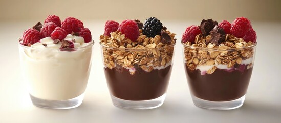 Aufkleber - Nutritious breakfast parfaits with layers of yogurt, berries, granola, and chocolate; vibrant reds, browns, and whites in three clear glasses.
