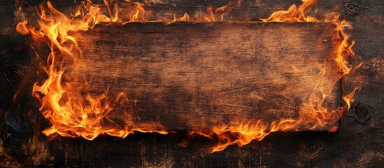 Aufkleber - Charred wooden label surrounded by vibrant flames with orange and yellow hues creating a textured and warm backdrop for design purposes