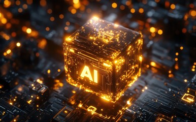 Poster - Glowing AI Cube Surrounded by Circuitry, Representing Advanced Technology and Artificial Intelligence Innovations in a Futuristic Setting