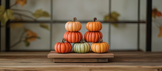 Poster - Charming autumn display of stacked mini pumpkins in vibrant orange and green hues on a wooden table against a softly blurred background