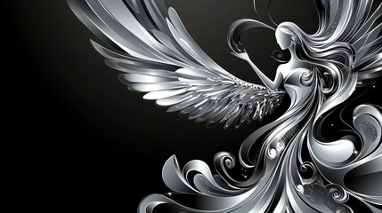 Wall Mural - Elegant silver angel with flowing wings and intricate design against a dark backdrop in a serene pose