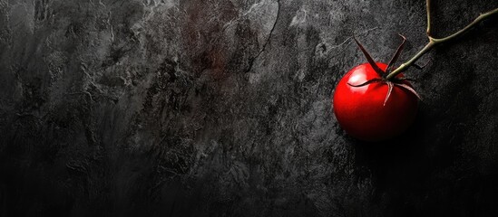 Poster - Vibrant red tomato on vine positioned in bottom left corner against dark textured background creating a striking contrast and evocative motion effect