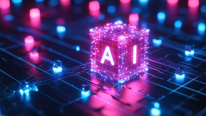 Aufkleber - Glowing Cube Representing Artificial Intelligence Surrounded by Neon Lights in a Digital Environment with Data Connections and Circuits