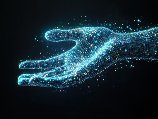 Poster - Glowing Digital Hand Gesture with Sparkling Particles Representing Technology and Innovation in a Futuristic Conceptual Background