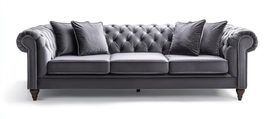 Aufkleber - Gray velvet sofa with tufted design, plush cushions, and elegant wooden legs; positioned center stage for a cozy living space ambiance.