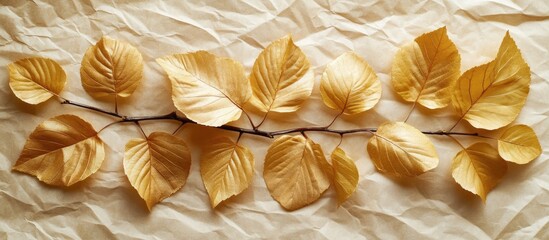 Aufkleber - Autumn golden leaves arranged on textured cream paper showcasing vibrant yellow and gold hues, capturing the essence of the fall season.
