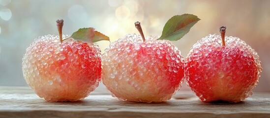 Poster - Red apples with a glossy finish and green leaves arranged in a trio, covered in translucent tapioca pearls on a wooden surface, soft focus background.