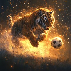 Poster - Majestic tiger shrouded in darkness leaps gracefully through a glowing golden sunset skillfully kicking a soccer ball midair The scene is illuminated with a warm ethereal glow blending grace and power