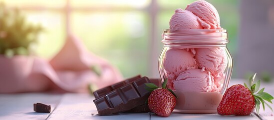 Poster - Delicious pink strawberry ice cream in a glass jar beside dark chocolate bars and fresh strawberries on a light wooden table with soft lighting