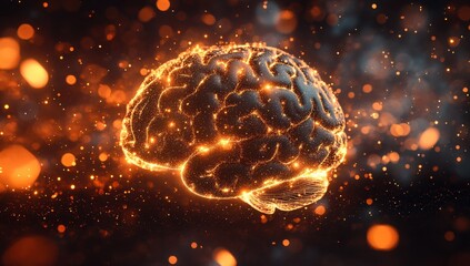 Poster - Glowing Human Brain Surrounded by Sparkling Particles in a Dark Background, Symbolizing Intelligence, Creativity, and Modern Technology