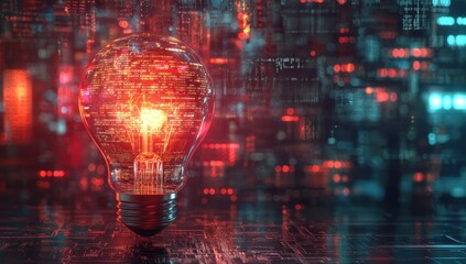 Poster - Glowing Light Bulb Against Digital Background Representing Ideas Innovation Technology and Creativity in Modern World